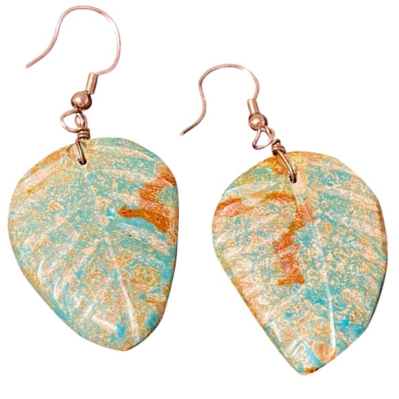 SOLD :: Handmade Turquoise Clay-Carved Leaf Earrings - Picture 2 of 3